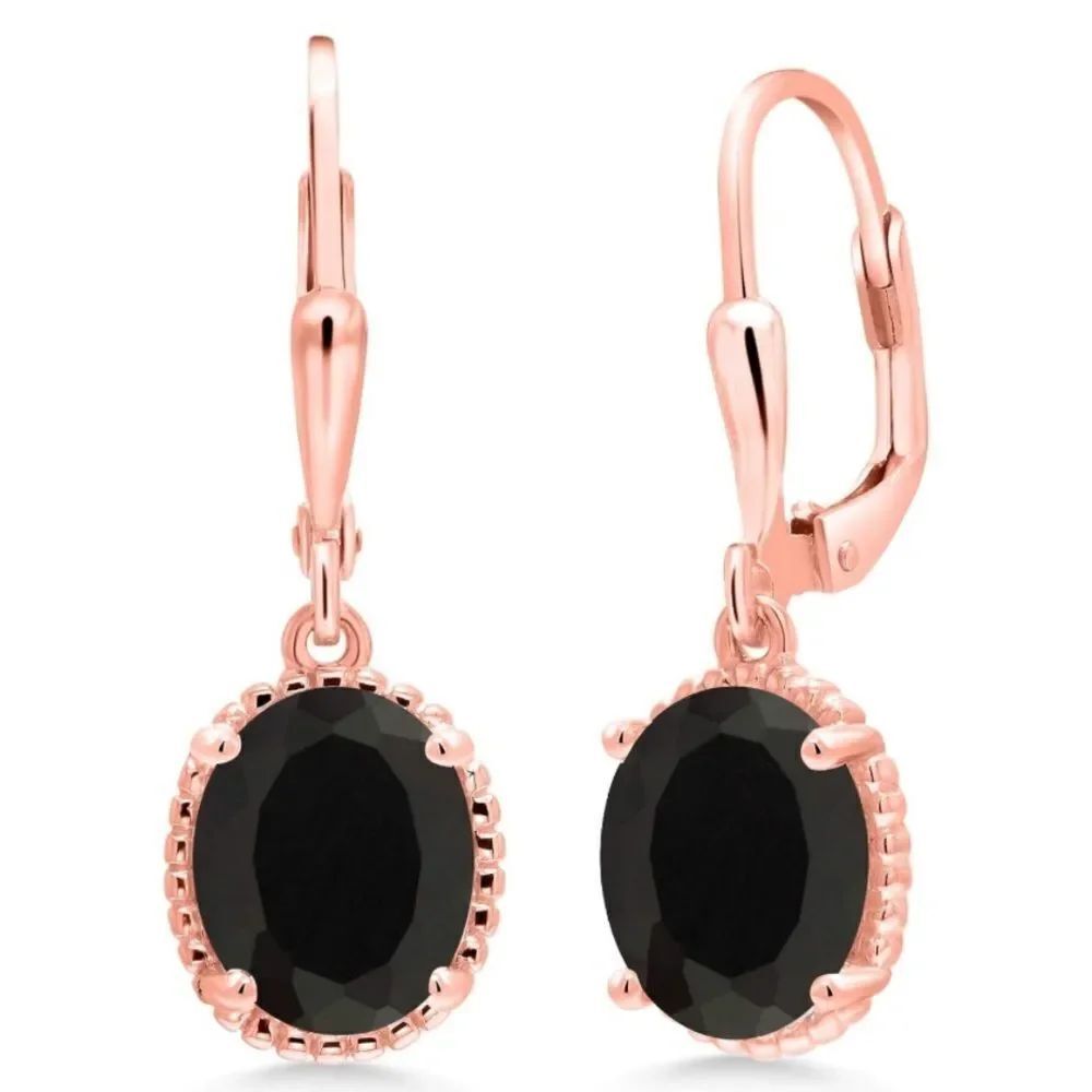 18K Rose Gold 925 with 4.00 Cttw Black Onyx Oval Leverback Hook Earrings